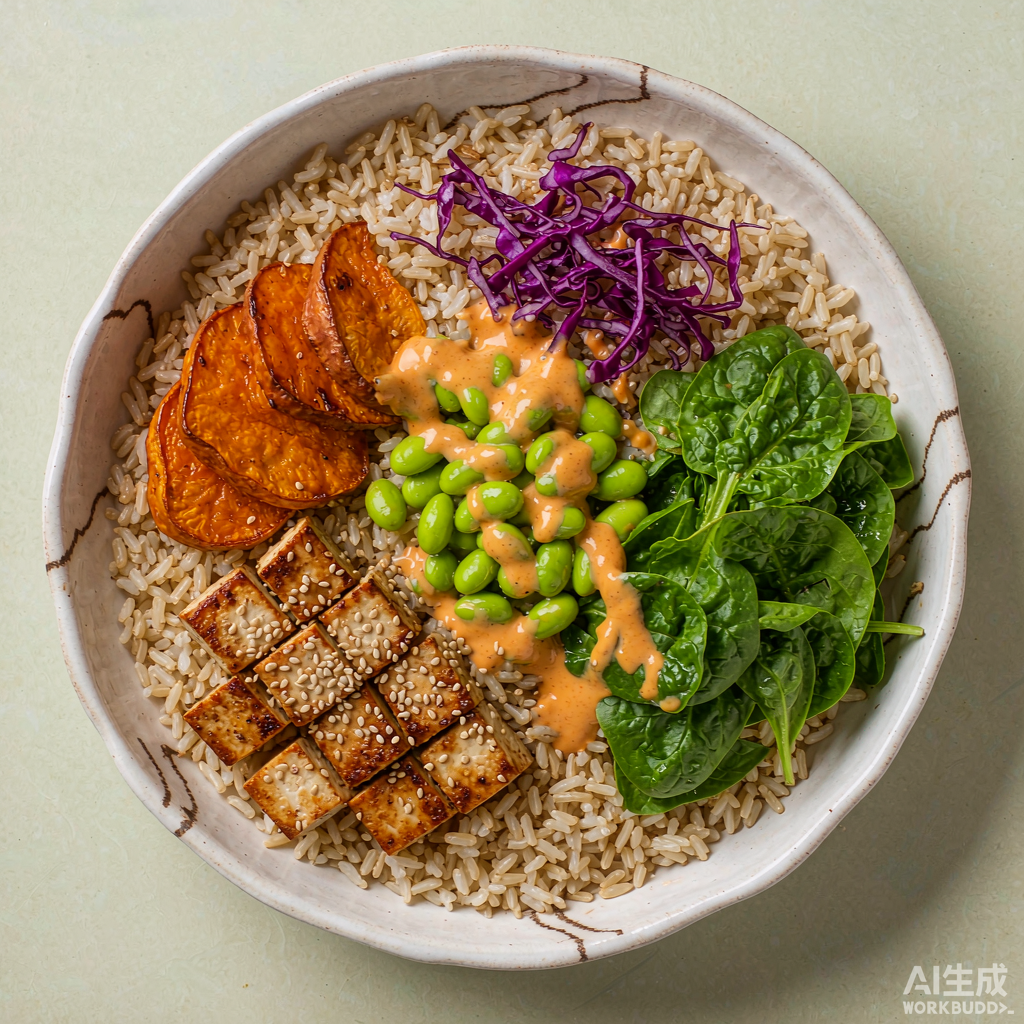色彩丰富的素食佛碗，含豆腐、糙米、烤红薯与蔬菜