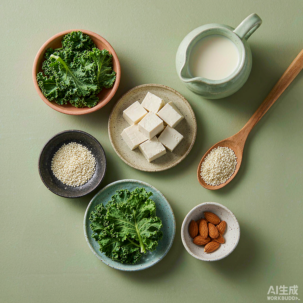 豆腐块、白芝麻、羽衣甘蓝、豆浆与杏仁等高钙植物食材的组合