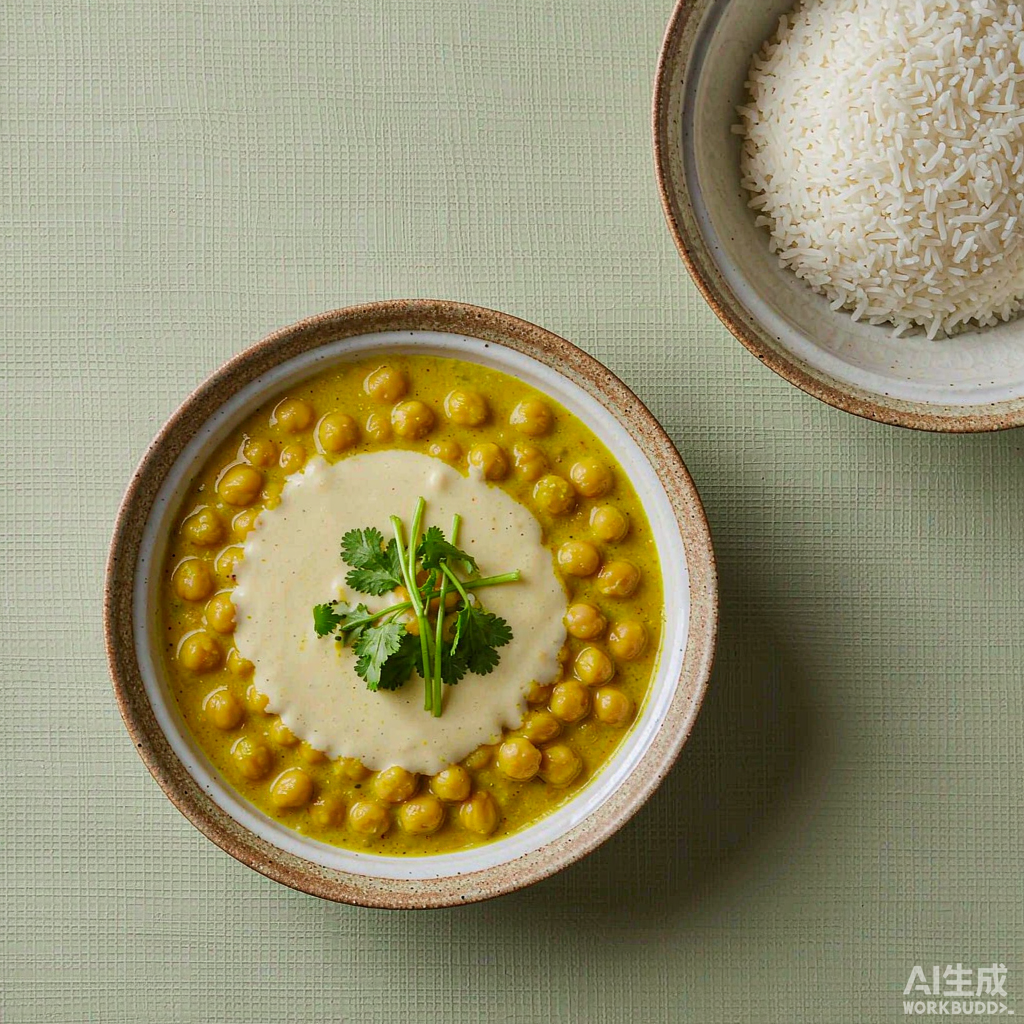 陶碗中金黄的鹰嘴豆咖喱，椰浆旋纹与香菜点缀，旁边配米饭