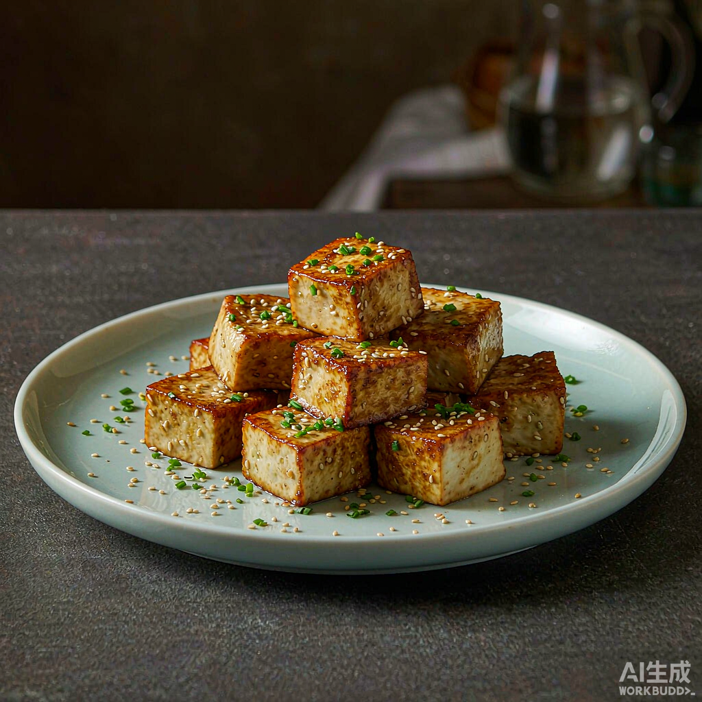 香煎金黄豆腐块配芝麻与葱花