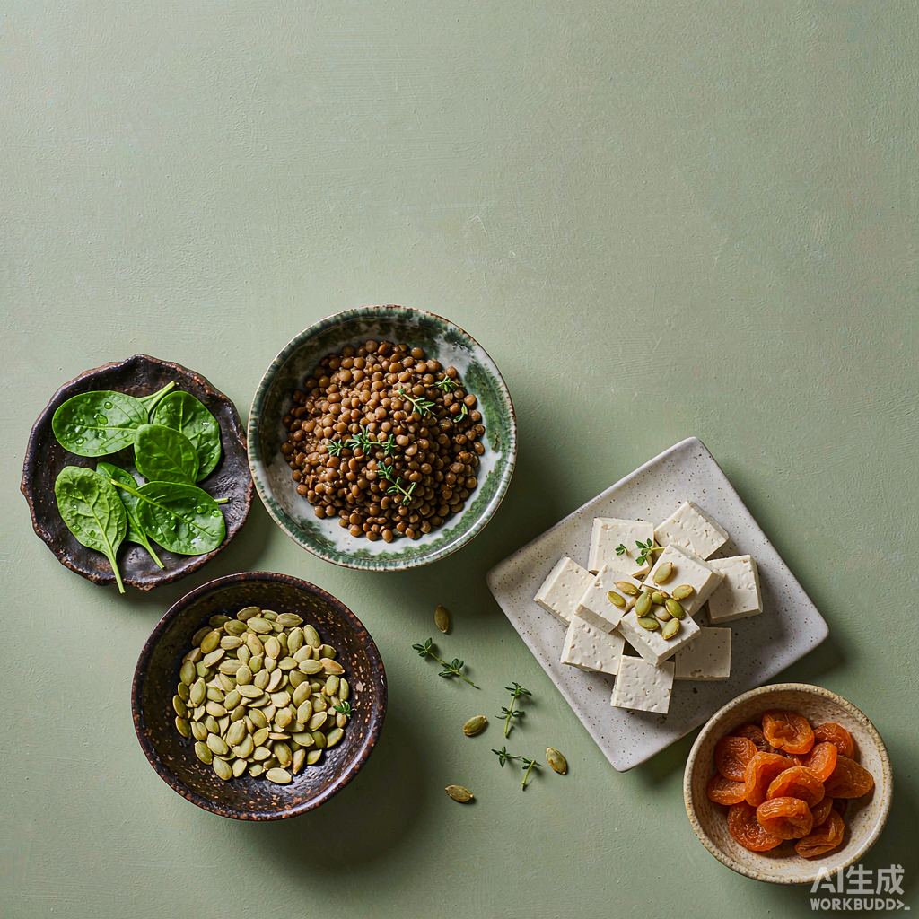 熟扁豆、嫩菠菜、豆腐块、南瓜子与杏干等富铁植物食材的组合