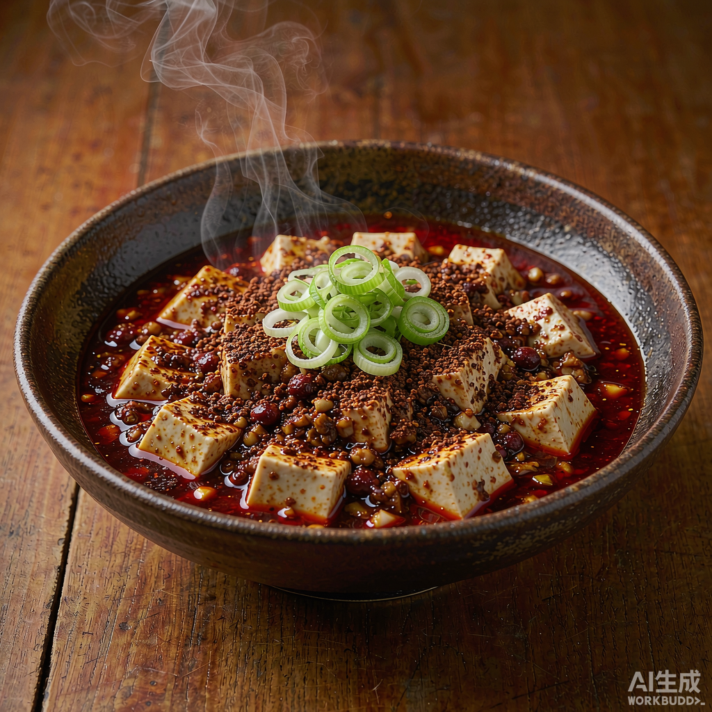 素麻婆豆腐，红油酱汁包裹豆腐，撒花椒粉与葱花