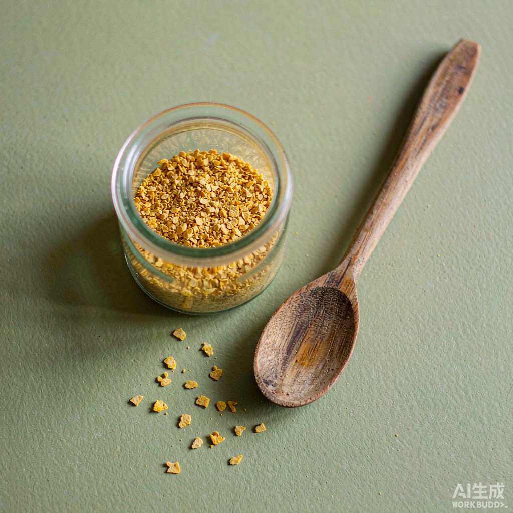 玻璃罐盛装的黄色营养酵母薄片，旁边木勺舀起少许酵母片