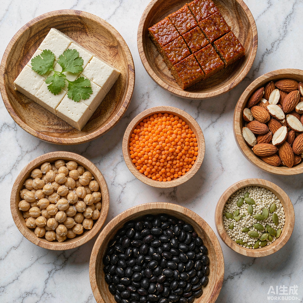 多种植物蛋白来源：豆腐、天贝、扁豆、鹰嘴豆、坚果与种子