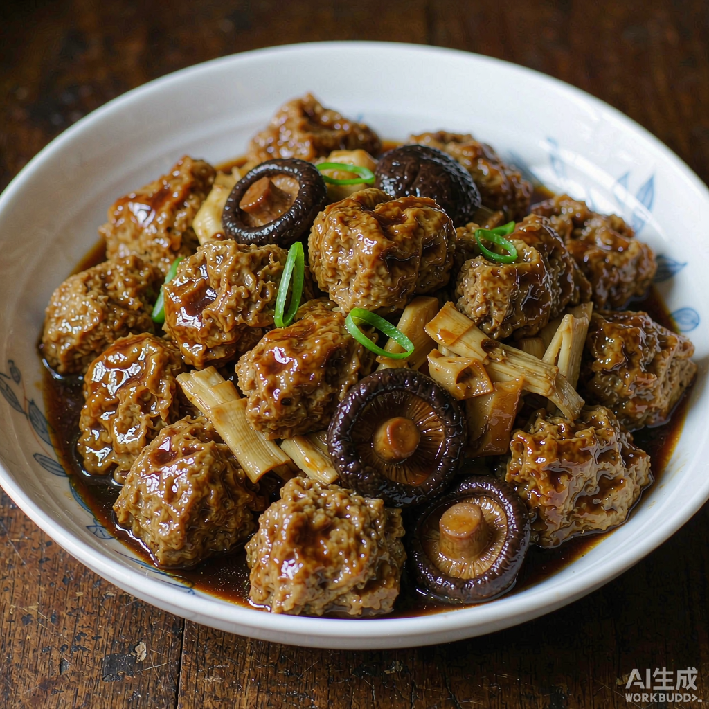 红烧面筋配香菇与笋片，酱汁油亮