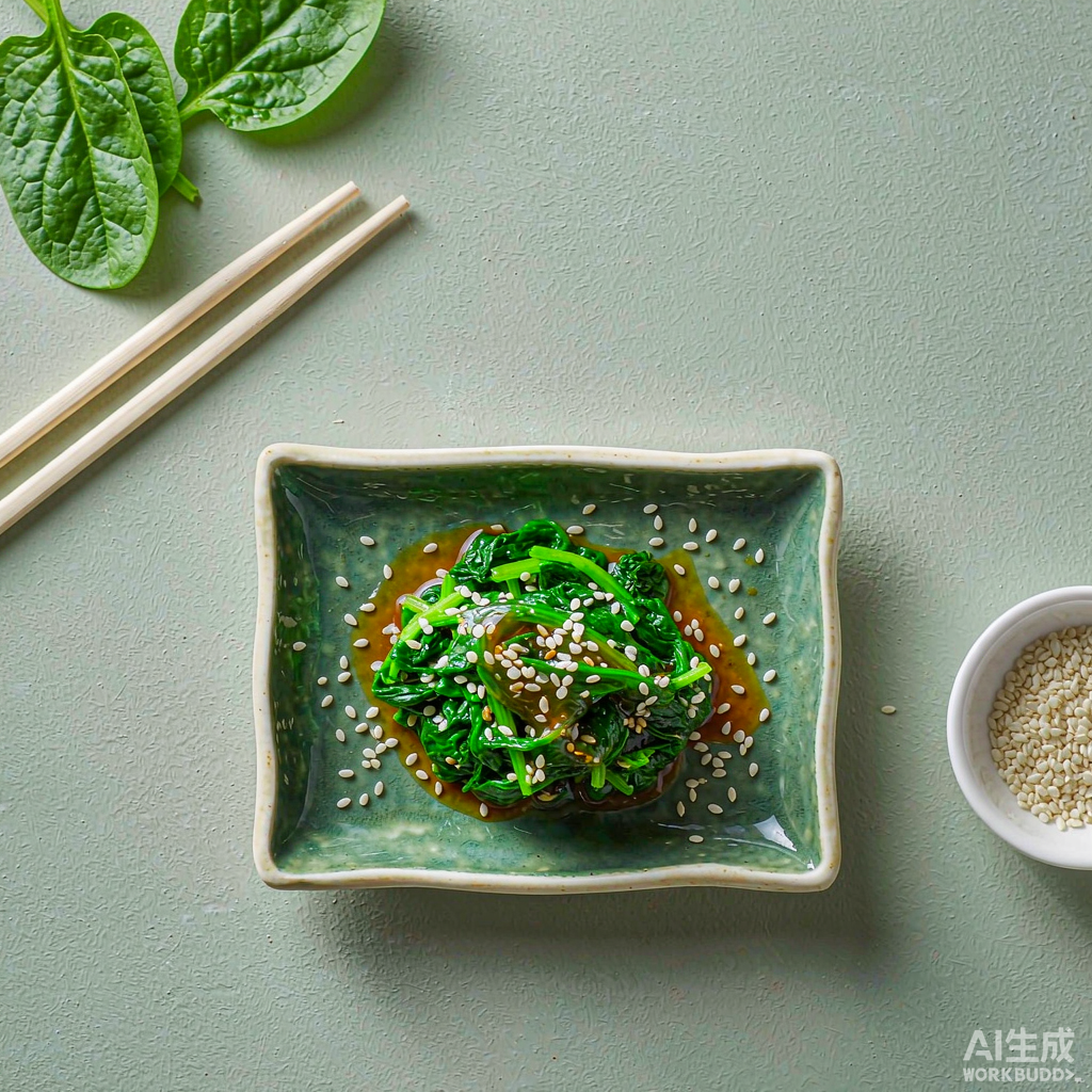 小碟盛装的芝麻拌菠菜，撒白芝麻，旁边有木筷与生菠菜点缀