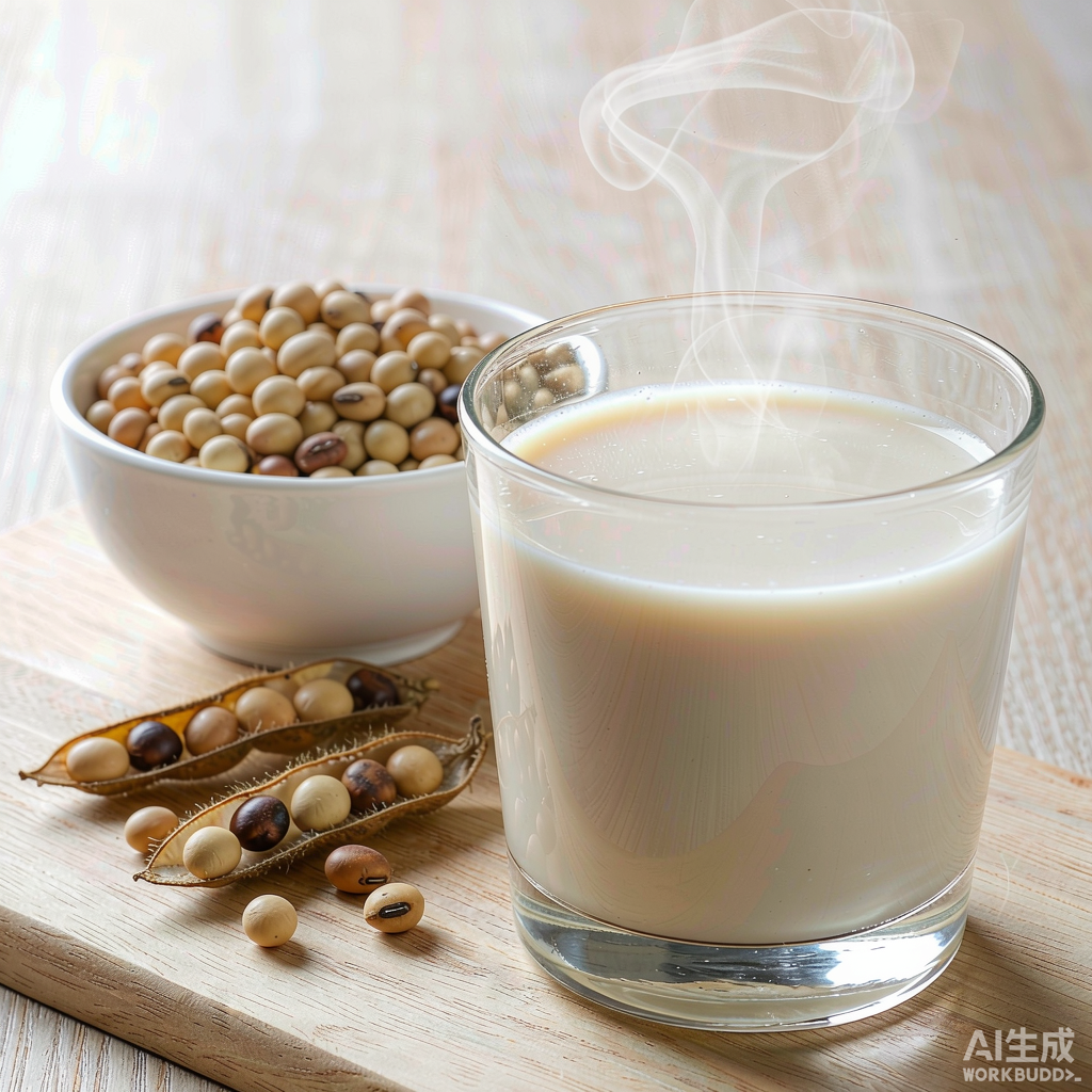 一杯温热的豆浆，旁边放着干黄豆与豆荚