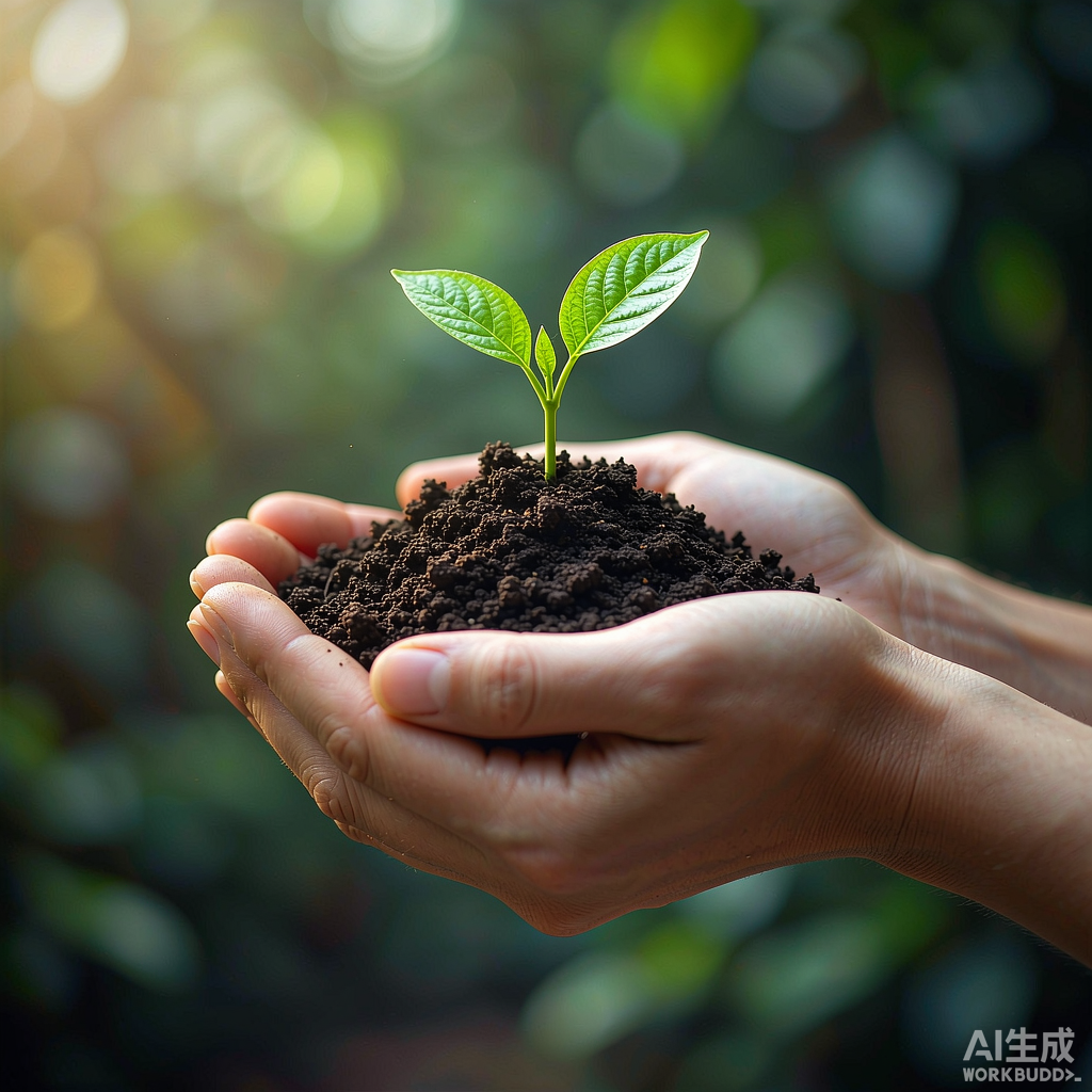 双手捧起一株绿色幼苗，象征成长