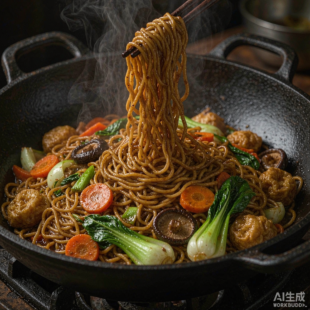 铁锅中翻炒的蔬菜炒面，配小青菜、胡萝卜与香菇